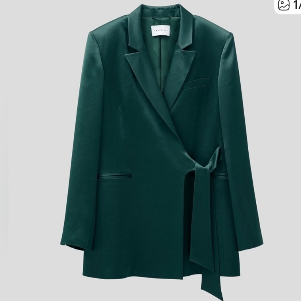 Lattelier NWT Silk Satin Tie-Waist Oversized Longline Wrap Blazer Dark Green SMA